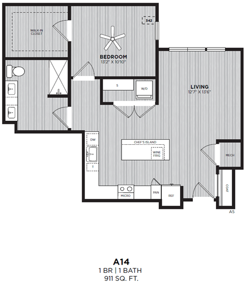 A floor plan of a one bedroom apartment with a living room and a bathroom.